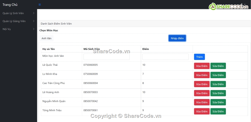 Code phần mềm quản lý,phần mềm quản lý sinh viên,phần mềm quản lý điểm,Code quản lý điểm sinh viên